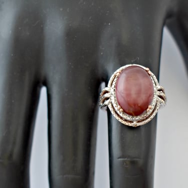 90's sterling rose gold wash red hematoid quartz size 8.5 STS statement, Bali style 925 silver cocktail ring 