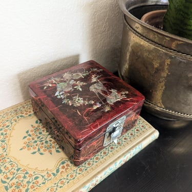Red Lacquer Korean Jewelry Box with Abalone Inlay & Turtle Latch 