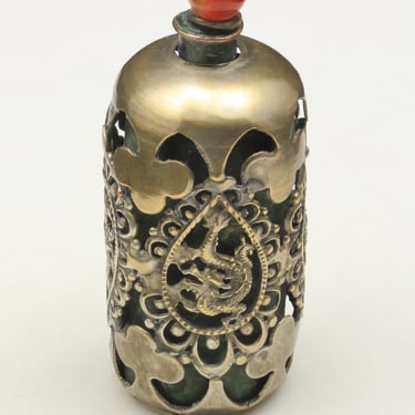 Antique Chinese Export Jade Serpentine Dragons Snuff Bottle Silver Metal 