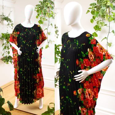 Vintage 1970s Kaftan | 70s Hawaiian Floral Barkcloth Aloha Black Orange Accordion Pleated Maxi Caftan | xs-xl 