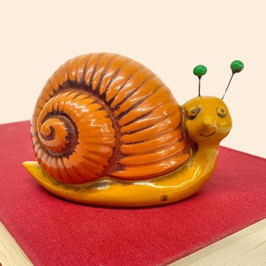 Vintage Snail Paperweight Retro 1970s Bohemian + Fitz and Floyd + Orange + Plaster w/Sand + Green Antennas + Office Decor + Organization 