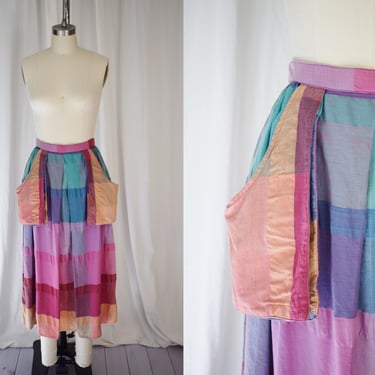 Vintage 1980s Madras Plaid Skirt | S | 70s/80s Colorful Cotton Midi Skirt with Big Pockets 