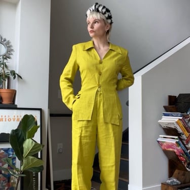 VTG 80s Lauren Taylor Chartruese Linen Suit 