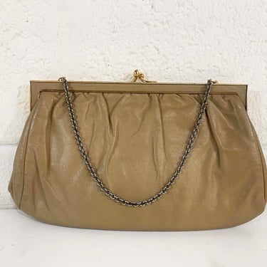 Vintage Tan Etra Shoulder Bag Purse Handbag Retro Beige Leather Chain Strap Kisslock Brass Metal Clutch Evening 1960s 
