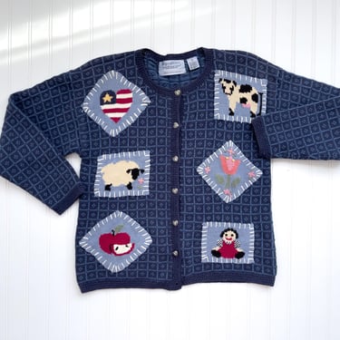 cottagecore sweater 90s vintage Northern Isles Americana sheep cow doll blue cardigan sweater 