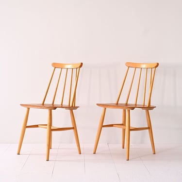 Pair of Vintage Scandinavian Pinnstolar Chairs – Birch and Teak Mid-Century Design 