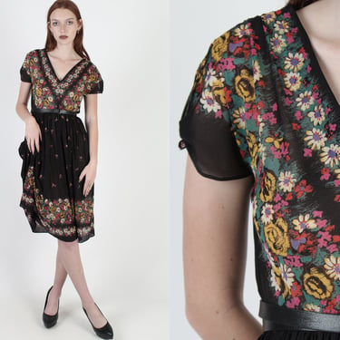 70s Graphic Floral Dress / Disco Festival Tie Sleeves / Pleated Sheer Black Full Skirt Mini 