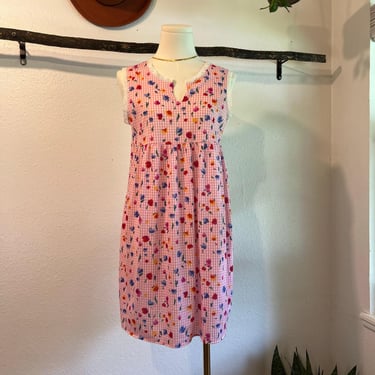 Vintage Pink Gingham Floral Print LaceTrim Mini Dress Size Small 
