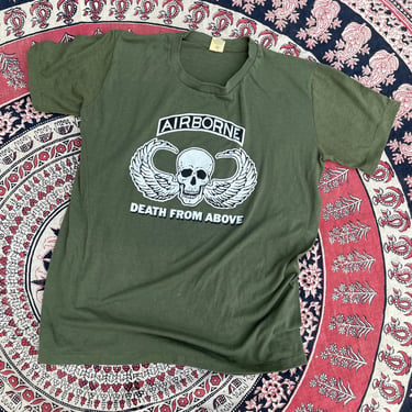 Vintage ‘70s ‘80s DEATH FROM ABOVE Airborne tshirt | Army paratrooper military tee, skull & wing graphic tee shirt, 50/50 