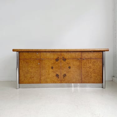 OLIVE BURL WOOD & CHROME CREDENZA ATTRIBUTED TO PAUL EVANS, 70's