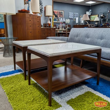 Pair of Mid-Century Modern walnut side tables with travertine tops