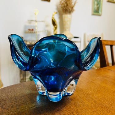 Mid Century Blue Glass Art Dish 
