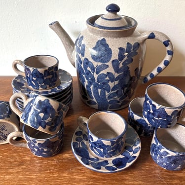 Vintage 1982 Portugal Pottery Cerâmica Leite S. Miguel Açores Ceramic Tea Set | Blue Floral Pattern Artist Signed | 1 Teapot 8 Cup 8 Saucer 