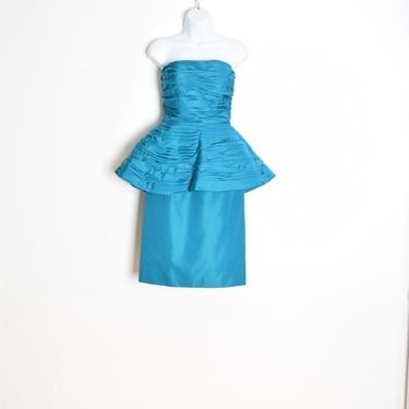 vintage 80s dress VICTOR COSTA teal peplum sculptural strapless cocktail party dress XS 