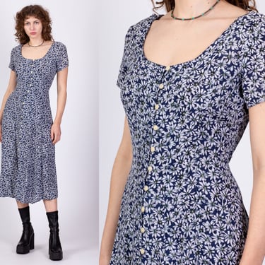 90s Blue Sunflower Print Midi Dress - Small to Medium | Vintage Floral Short Sleeve Button Up Grunge Dress 