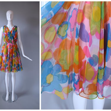 Vintage 1960s Jack Bryan Psychedelic Vibrant Floral Print Gathered Chiffon Party Dress 