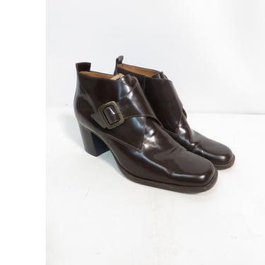 Vintage 90s Nine West Dark Brown Leather Monk Strap Block Heel Ankle Boots Made In Brazil Size 8.5 