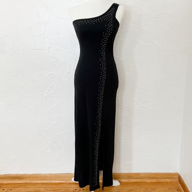 90s Black One Shoulder Bodycon Maxi Evening Dress with Silver Studs | Small 