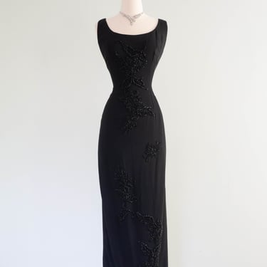 Dramatic 1960's Black Hourglass Evening Dress With Beading and Slit / Medium