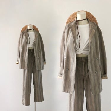 2 pc stripe jacket + trouser set - 27.5 - vintage 90s womens minimal suit size small blazer high waist 