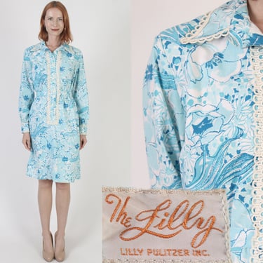 Authentic 60s The Lilly Pulitzer Shift Dress, Vintage Mod Designer Button Up Frock, Sky Blue Belted Crochet Outfit 