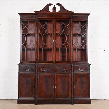Georgian Carved Flame Mahogany Breakfront Bookcase Cabinet With Secretary Desk, Circa 1930s