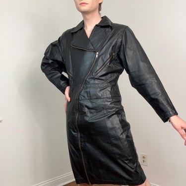 Late 80s Leather moto dress with asymmetrical zipper / Alaia 1986 knockoff dress 