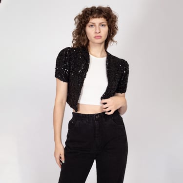 XS 1950s Black Sequin Cropped Bolero | Vintage Short Sleeve Open Fit Crop Jacket 