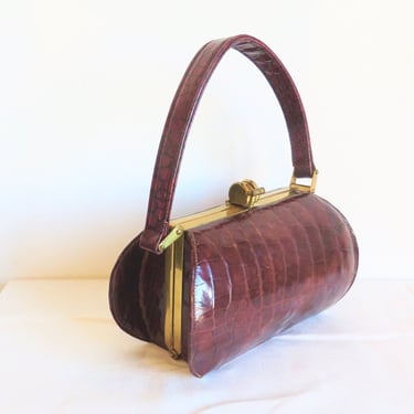 1940's 50's Brown Alligator Skin Leather Barrel Purse Gold Metal Clasp and Hardware Structured Bag Post War Era 40's Rockabilly Handbags 