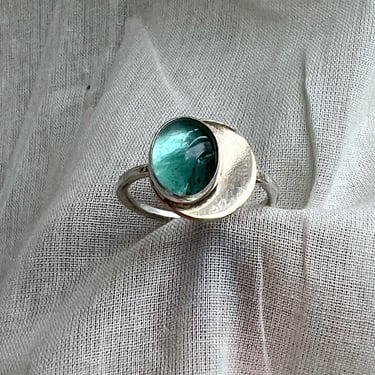 Teal Blue Tourmaline Crescent Moon Disc Ring Handmade 