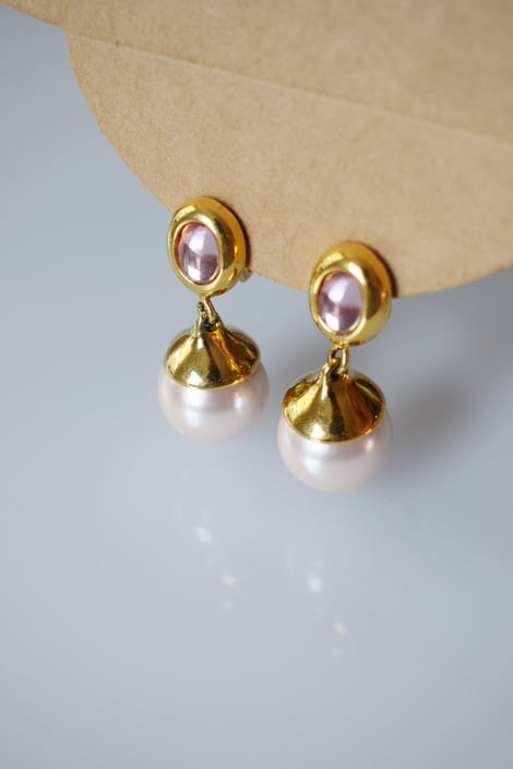 Vintage 1990s Pearl Drop and Gripoix Fashion Earrings by Monet | Large Pearl Earrings with Pink Glass Cabochons 