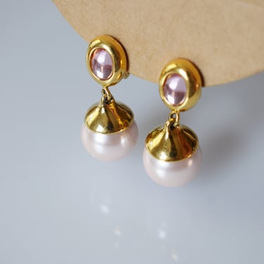 Vintage 1990s Pearl Drop and Gripoix Fashion Earrings by Monet | Large Pearl Earrings with Pink Glass Cabochons 