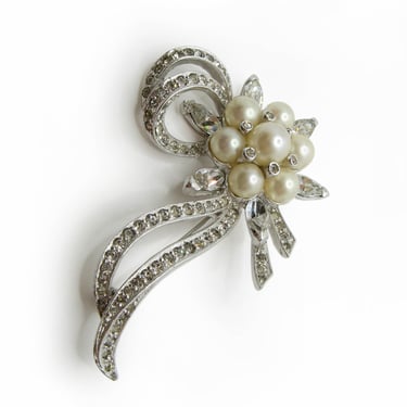 Vintage Kramer Rhinestone and Faux Pearl Ribbon Bow Brooch Pin in Silver Toned Metal 1960s Jewelry 