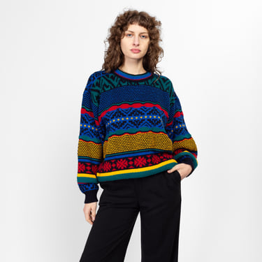 Lrg-XL 80s Primary Color Striped Knit Sweater | Vintage Colorful Crew Neck Pullover Jumper 