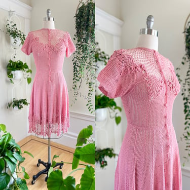 Vintage 1970s Shirt Dress | 70s does 1930s Open Crochet Knit Dusty Rose Pink 3D Flowers Fit Flare Romantic Sweater Day Dress (medium/large) 