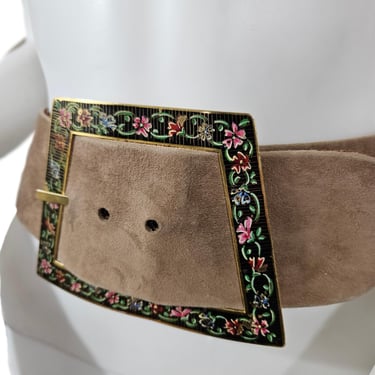 1970s XL Tan Suede Belt with Painted Floral buckle I Sz Med I W: 27