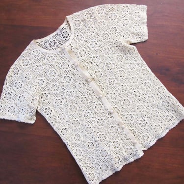 Vintage Floral Crochet Lace Short Sleeve Top XS S - 1960s Romantic Cottagecore Knitted Shirt 