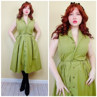 1960s Vintage Pistachio Fit and Flare Dress / 60s/ Sixties Green Cotton Day Dress / Size Medium - Large 