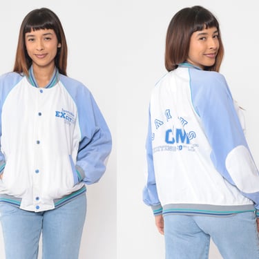 90s Bomber Jacket Snap Up Baseball Jacket White Blue Raglan Sleeve Elbow Patches Campus Sports Club Logo Athletic Retro Vintage 1990s Large 