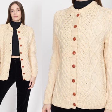 Medium Vintage Cream Wool Cable Knit Cardigan | 70s 80s Irish Button Up Fisherman Sweater 