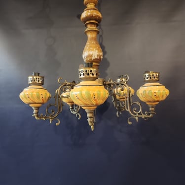 Vintage Brass and Porcelain 5 Arm Chandelier 21 x 23.75