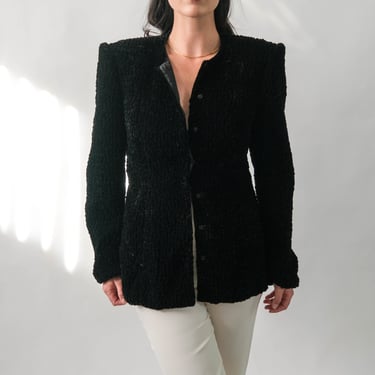 Vintage 80s Julie Duroche for Saks Fifth Avenue Crinkled Black Velvet Broad Shoulder Jacket w/ Jeweled Buttons | 1980s Designer Evening Coat 