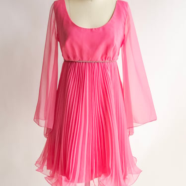 1960s Dress Pink Chiffon Pleated Sleeve M 
