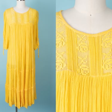 Gorgeous Vintage 1970s Sunshine Yellow Cotton Gauze Kaftan with Crocheted Yoke and Gathered Sleeves 