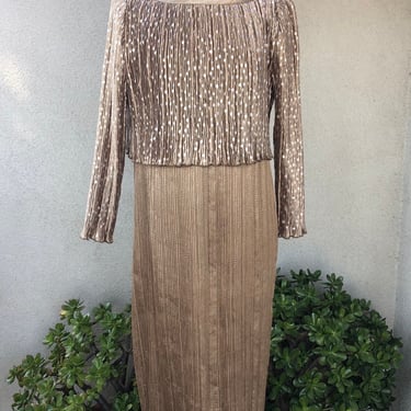 Vintage 1980s long maxi dress tan metallic accordion pleats with sequin S Jeanne Marc Collection 