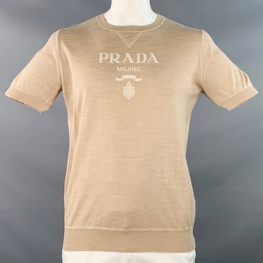 PRADA Size L Beige Cream Logo Cashmere Wool Jersey Short Sleeve Crew Neck Pullover