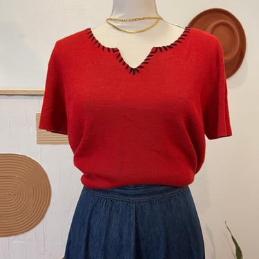 Liz Claiborne Vintage 90s Red with Black Stitching Short Sleeve Sweater Top XL 