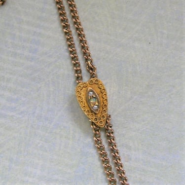 Antique Victorian 10K Slide With Seed Pearls and Opal, Gold Filled Victorian Watch Chain With 10K Gold Slide, Antique Chain (#3990) 