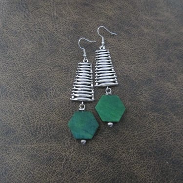 Mid century modern earrings, long green wood and silver Afrocentric dangle earrings, chic earrings, African earrings, bold statement earring 