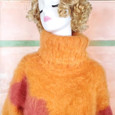 1960s mod mohair sweater cowl neck furry vintage oversized extra warm handknit one of a kind very special unique 2 toned colorblock (M/L) 